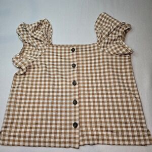 Brown and White Gingham Flutter Sleeve Top